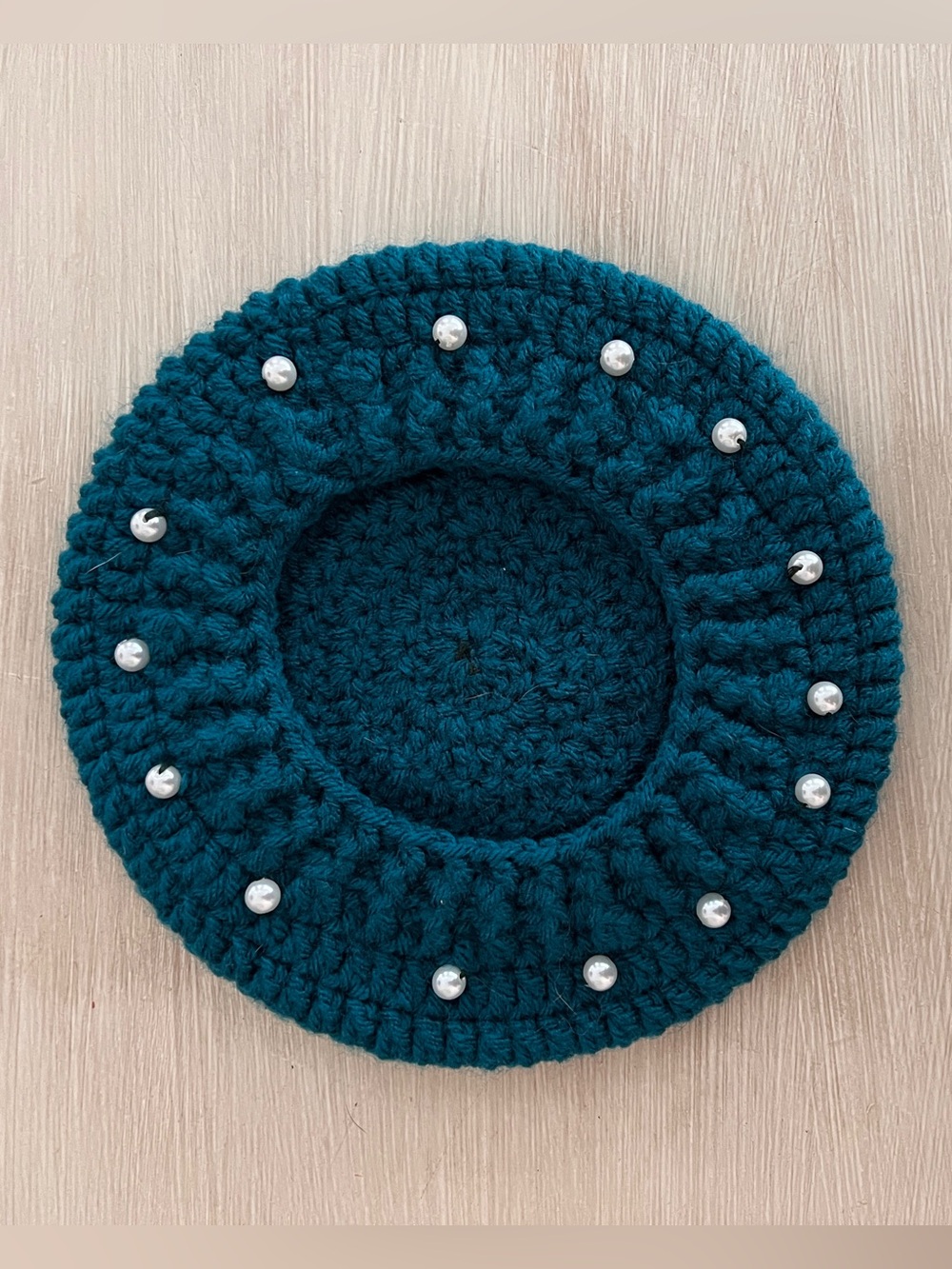 Crochet Pearl-Embellished Beret in Teal